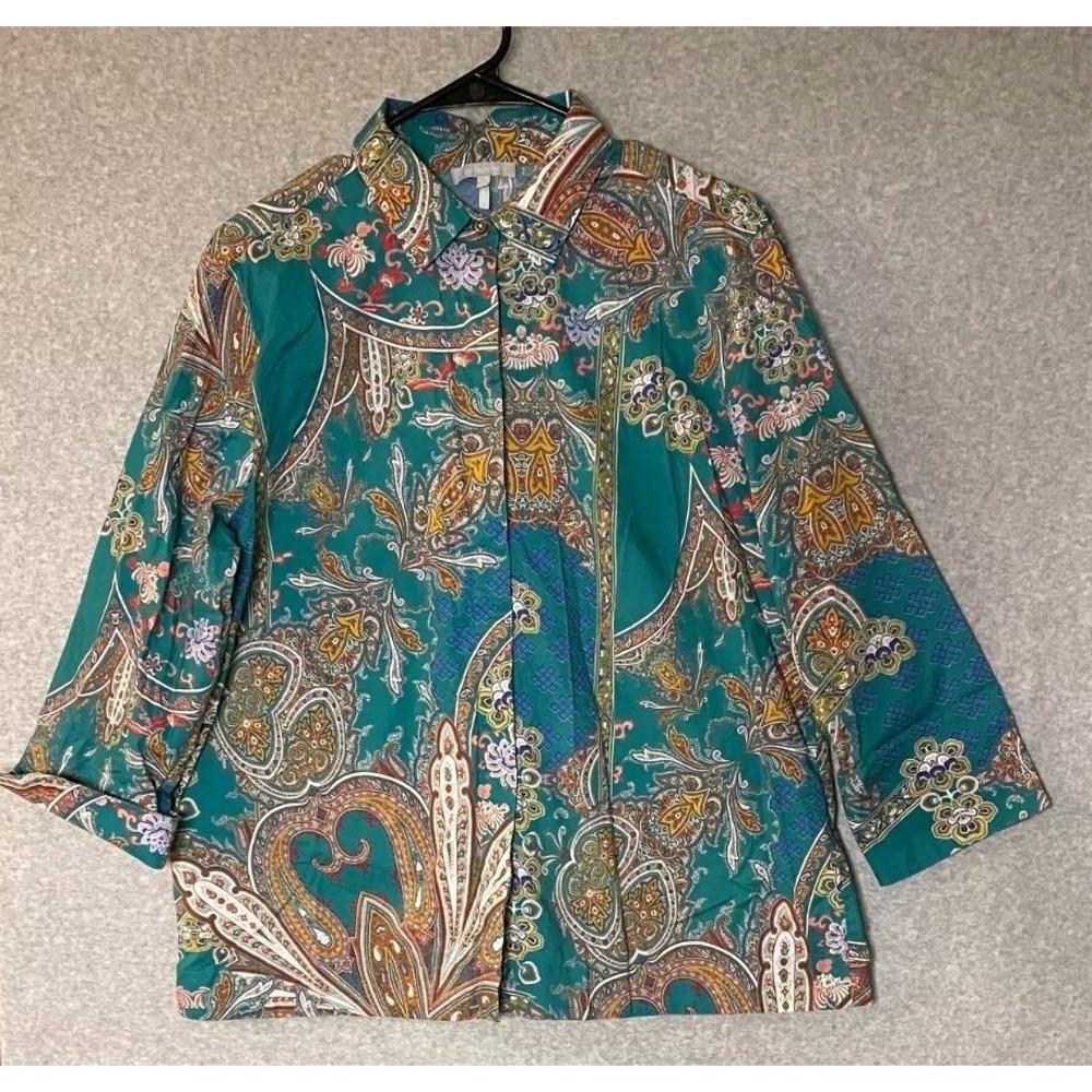 Hinson Wu Xena Top Womens Size Large Paisley Longsleeve Button Up Back Zipper